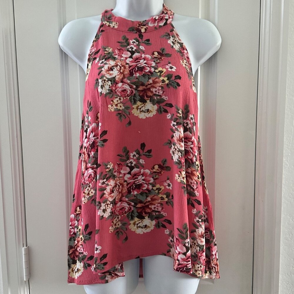 Floral Halter Neck Swing Dress Staccato M 100% Rayon Sleeveless Pink Multicolor